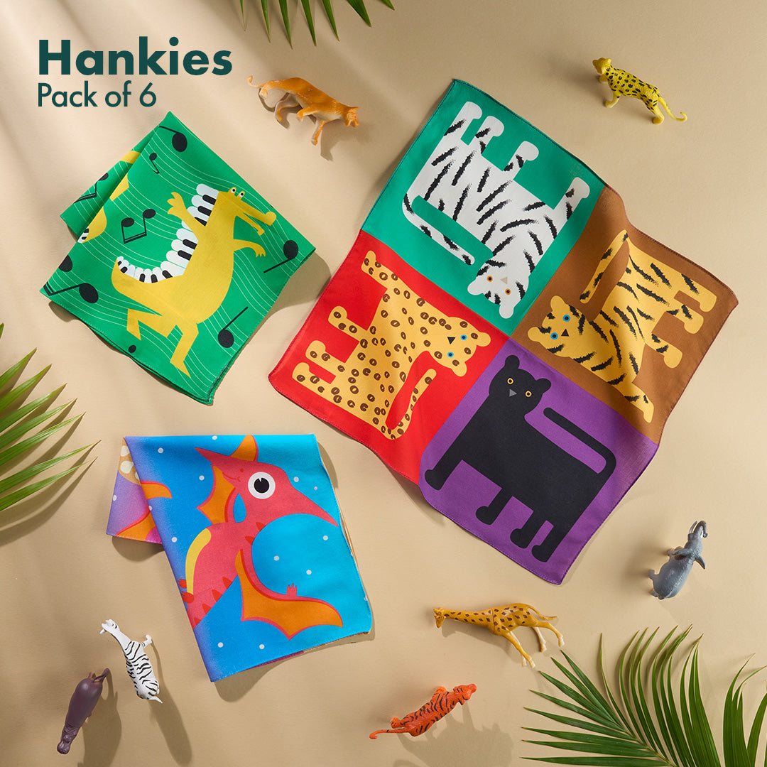 Zoo Buddies! Unisex Kid's Hankies, 100% Organic Cotton, Pack of 6