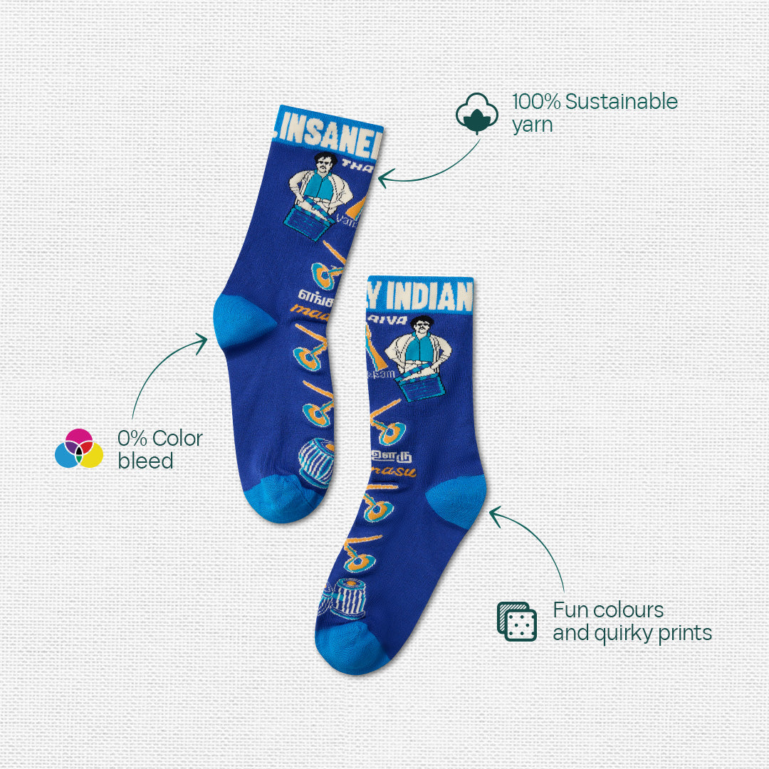 Insanely Tamil Feets! Unisex Socks, 100% Organic Cotton, Crew Length, Pack of 3