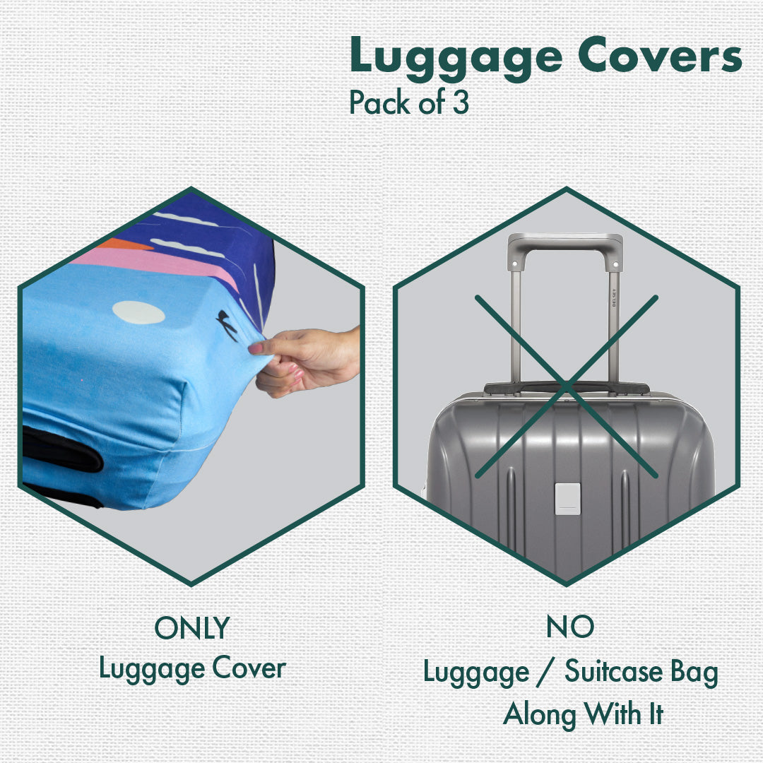 Vacay Ready! Luggage Covers With Detachable Pouch, 100% Organic Cotton Lycra, Small+Medium+Large Sizes, Pack of 3