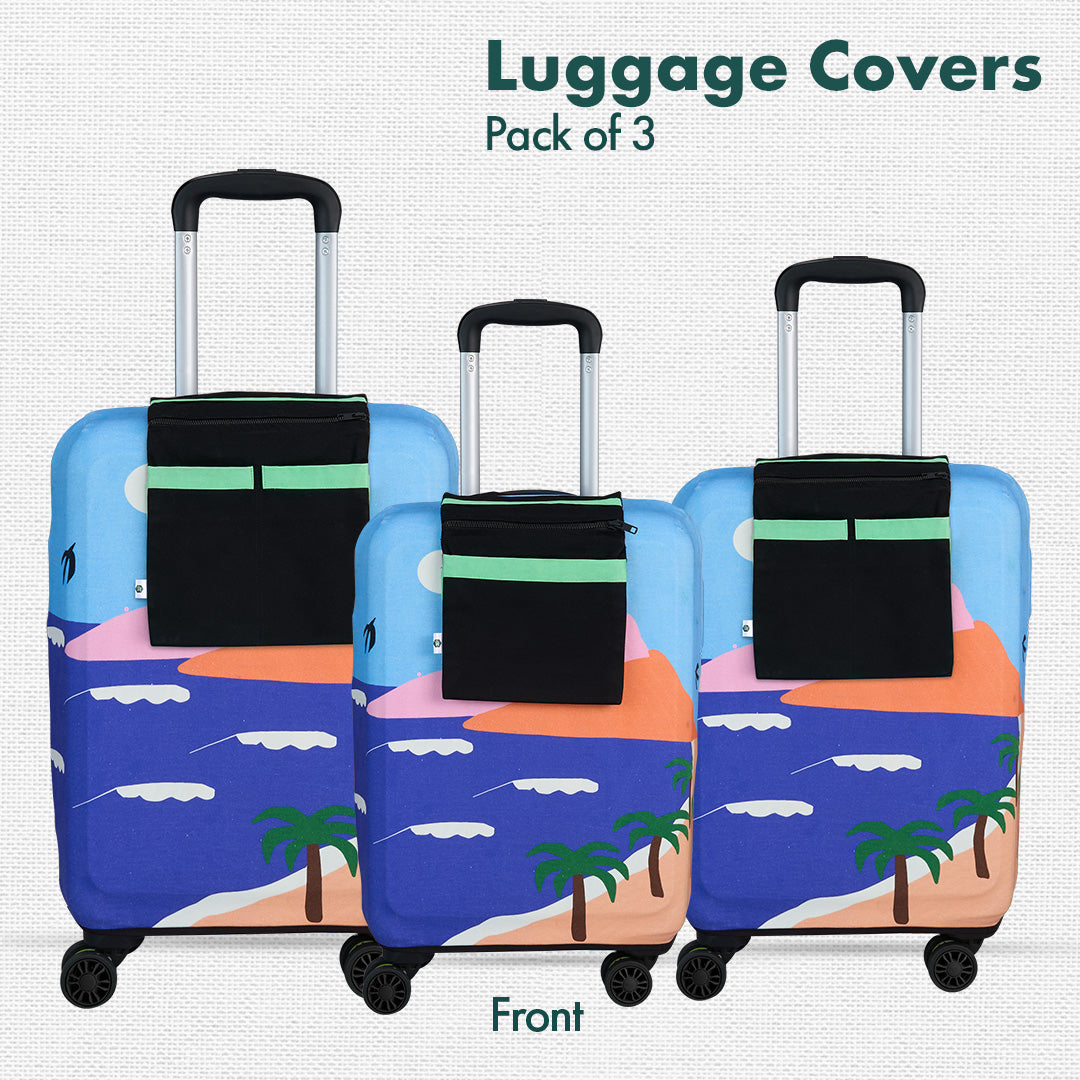 Vacay Ready! Luggage Covers With Detachable Pouch, 100% Organic Cotton Lycra, Small+Medium+Large Sizes, Pack of 3