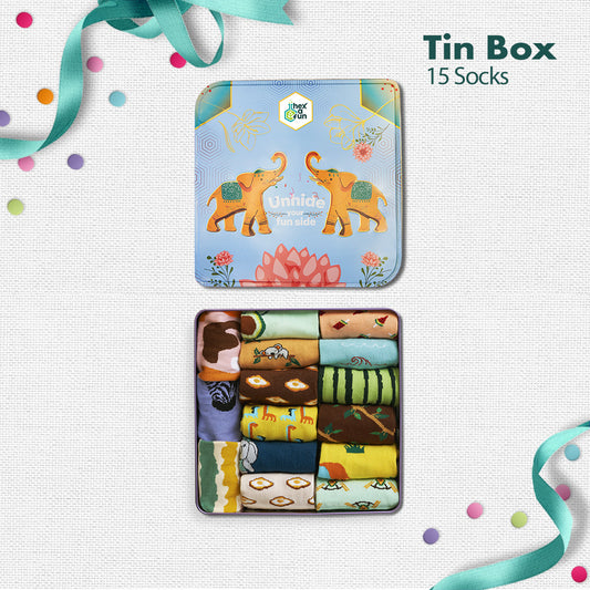 EOD! Elephant Of The Day! Tin Gift Box, Unisex Crew Length Socks, 100% Organic Cotton, Box Of 15