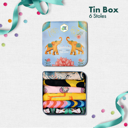 EOD! Elephant Of The Day! Tin Gift Box, Women's Stole, 100% Organic Cotton, Box of 6