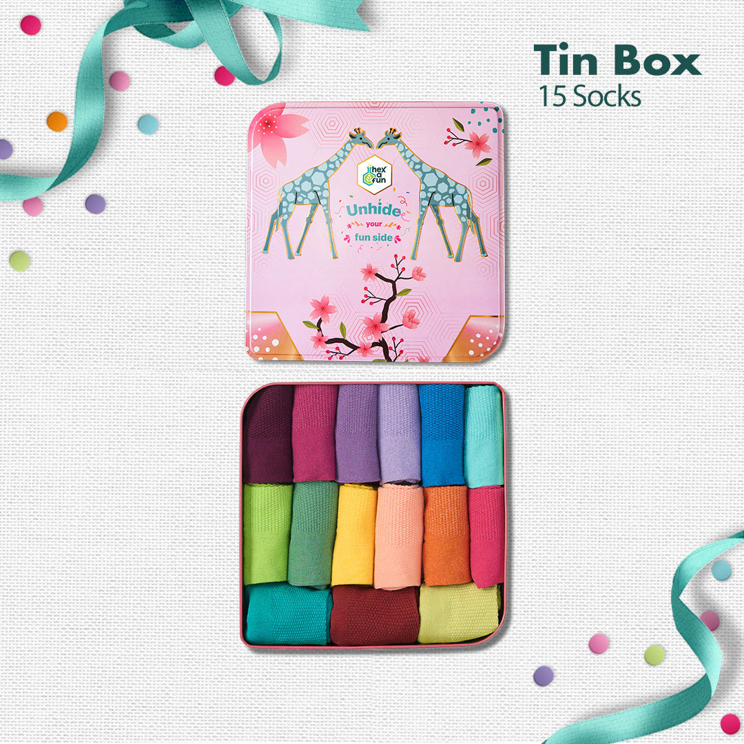 GMT! Giraffe Mood Time! Tin Gift Box, Unisex Crew Length Socks, 100% Organic Cotton, Box Of 15