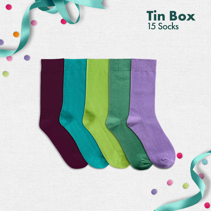 Peacock A Boo! Tin Gift Box, Unisex Crew Length Socks, 100% Organic Cotton, Box Of 15