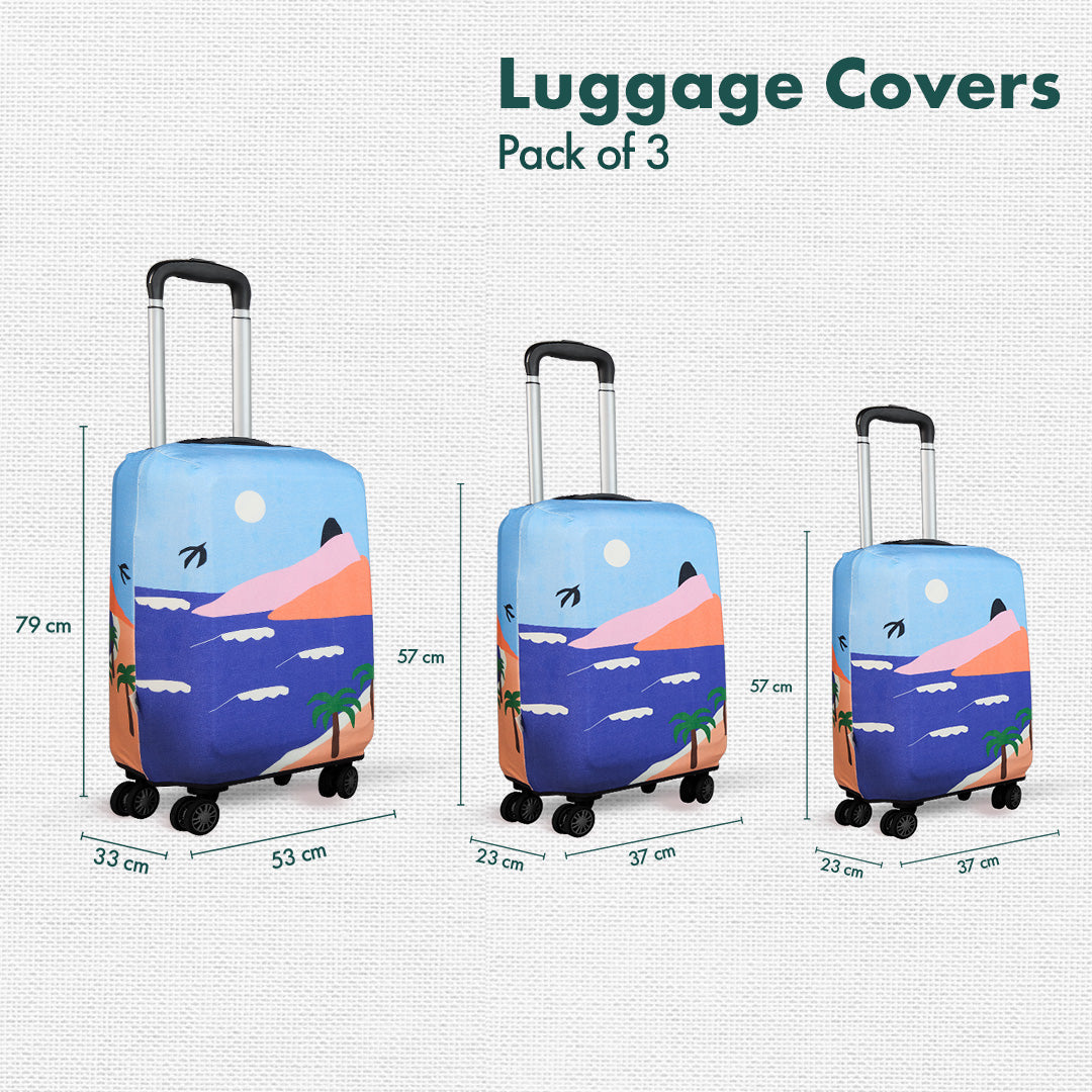 Vacay Ready! Luggage Covers With Detachable Pouch, 100% Organic Cotton Lycra, Small+Medium+Large Sizes, Pack of 3