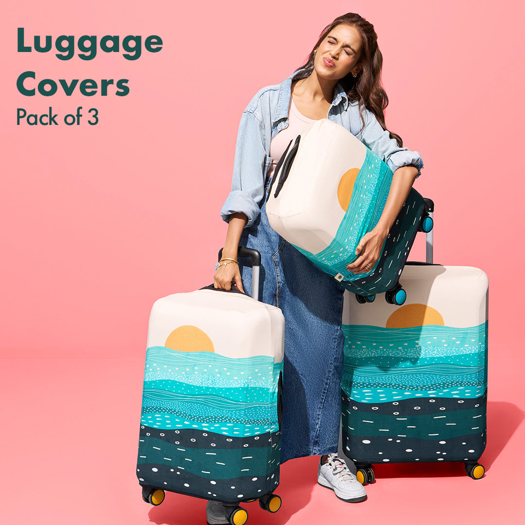 Holiday Calling! Luggage Covers With Detachable Pouch, 100% Organic Cotton Lycra, Small+Medium+Large Sizes, Pack of 3