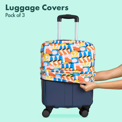 Geometric Vibes! Luggage Covers With Detachable Pouch, 100% Organic Cotton Lycra, Small+Medium+Large Sizes, Pack of 3