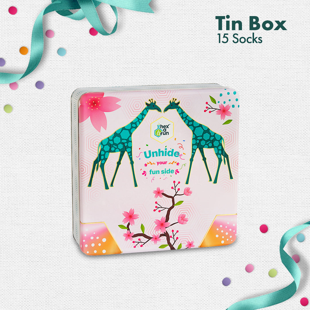 GMT! Giraffe Mood Time! Tin Gift Box, Unisex Crew Length Socks, 100% Organic Cotton, Box Of 15