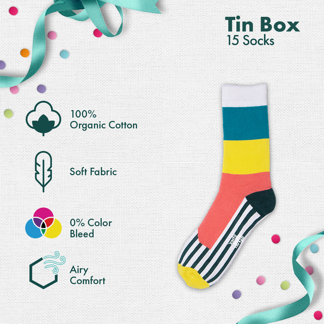 GMT! Giraffe Mood Time! Tin Gift Box, Unisex Crew Length Socks, 100% Organic Cotton, Box of 15