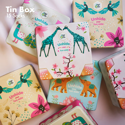 GMT! Giraffe Mood Time! Tin Gift Box, Unisex Crew Length Socks, 100% Organic Cotton, Box of 15