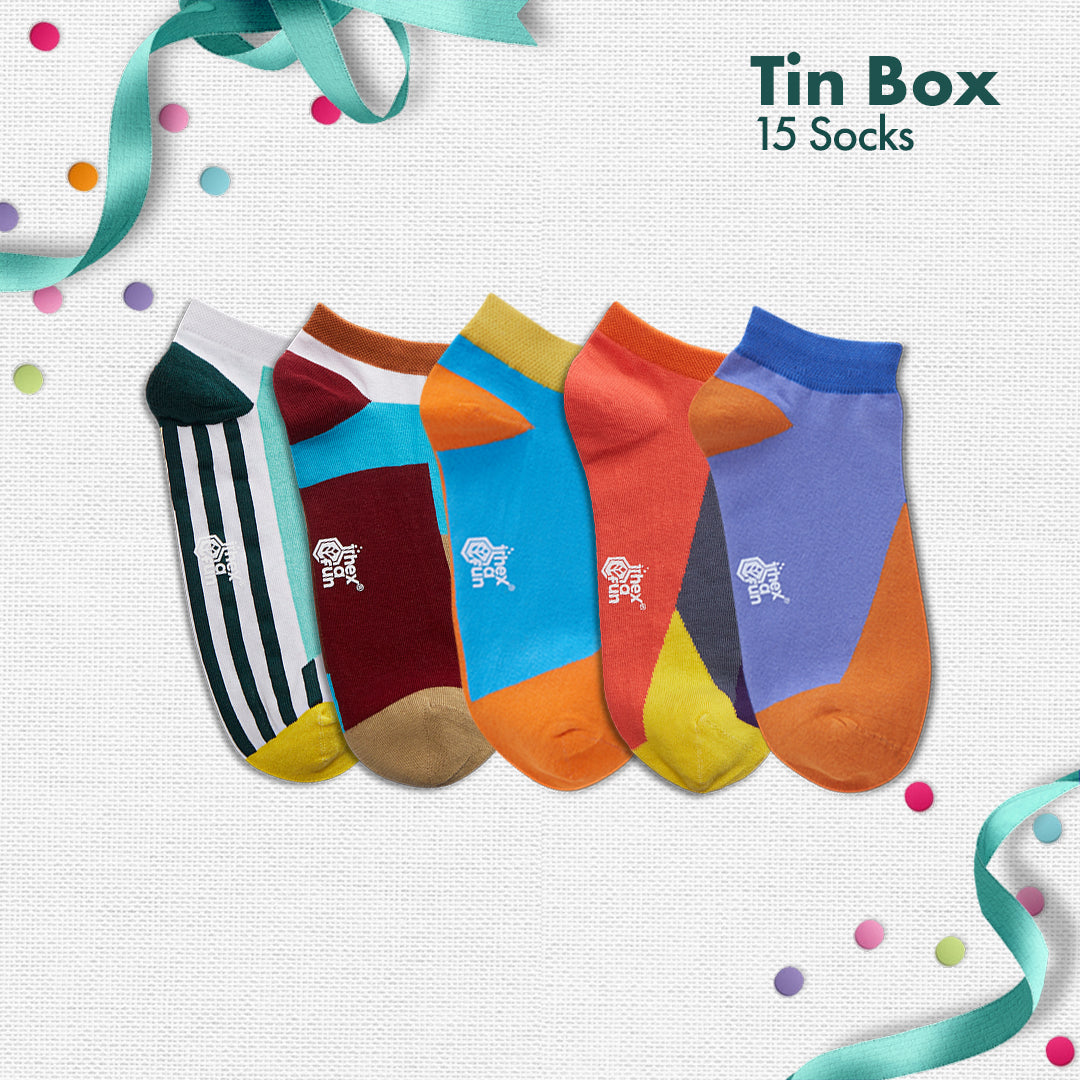 GMT! Giraffe Mood Time! Tin Gift Box, Unisex Ankle Length Socks, 100% Organic Cotton, Box of 15