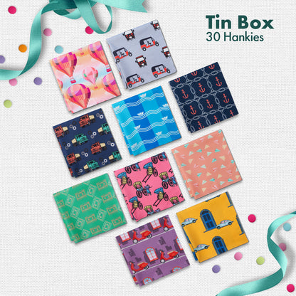 GMT! Giraffe Mood Time! Tin Gift Box, Men's Hankies, 100% Organic Cotton, Box Of 30