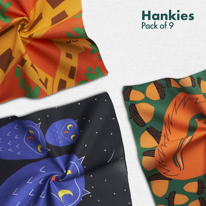 Animal Kingdom! Unisex Kid's Hankies, 100% Organic Cotton, Pack of 9