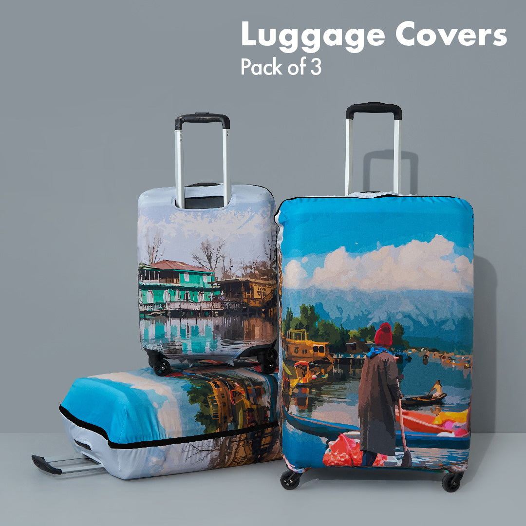 Kashmir Calling! Luggage Covers, 100% Organic Cotton Lycra, Small+Medium+Large Sizes, Pack of 3