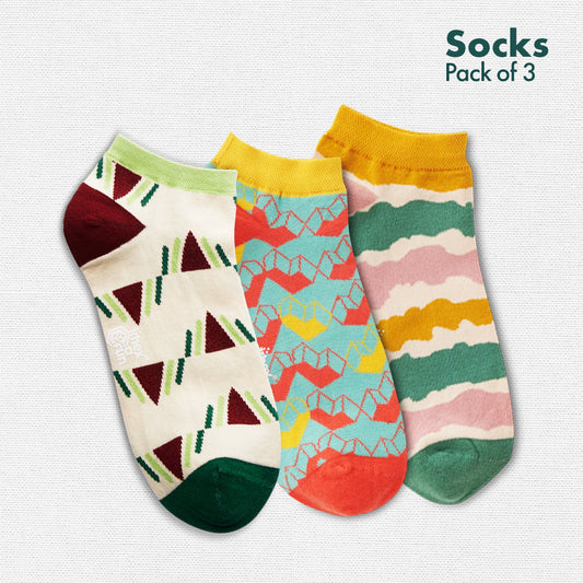 The Fun Trio! Unisex Socks, 100% Organic Cotton, Ankle Length, Pack of 3