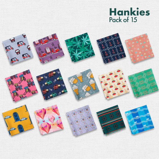 MIA! Motif In Action! Men's Hankies, 100% Organic Cotton, Pack of 15