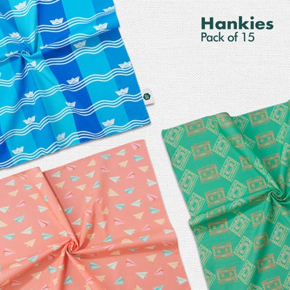 MIA! Motif In Action! Unisex Hankies, 100% Organic Cotton, Pack of 15