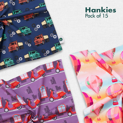 MIA! Motif In Action! Unisex Hankies, 100% Organic Cotton, Pack of 15