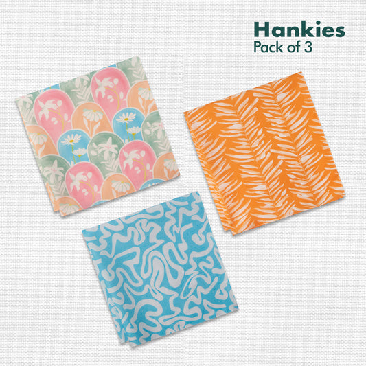 Summer Vibes! Men's Hankies, 100% Organic Cotton, Pack of 3