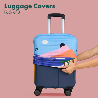 Vacay Ready! Luggage Covers With Detachable Pouch, 100% Organic Cotton Lycra, Small+Medium+Large Sizes, Pack of 3